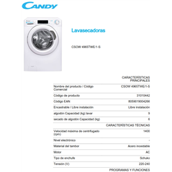 Lavasecadora Candy CSOW 4965TWE/1-S   9/6kg, 1400rpm,