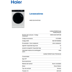 Lavasecadora Haier HWD120-B14979  12+8Kg,1400rpm
